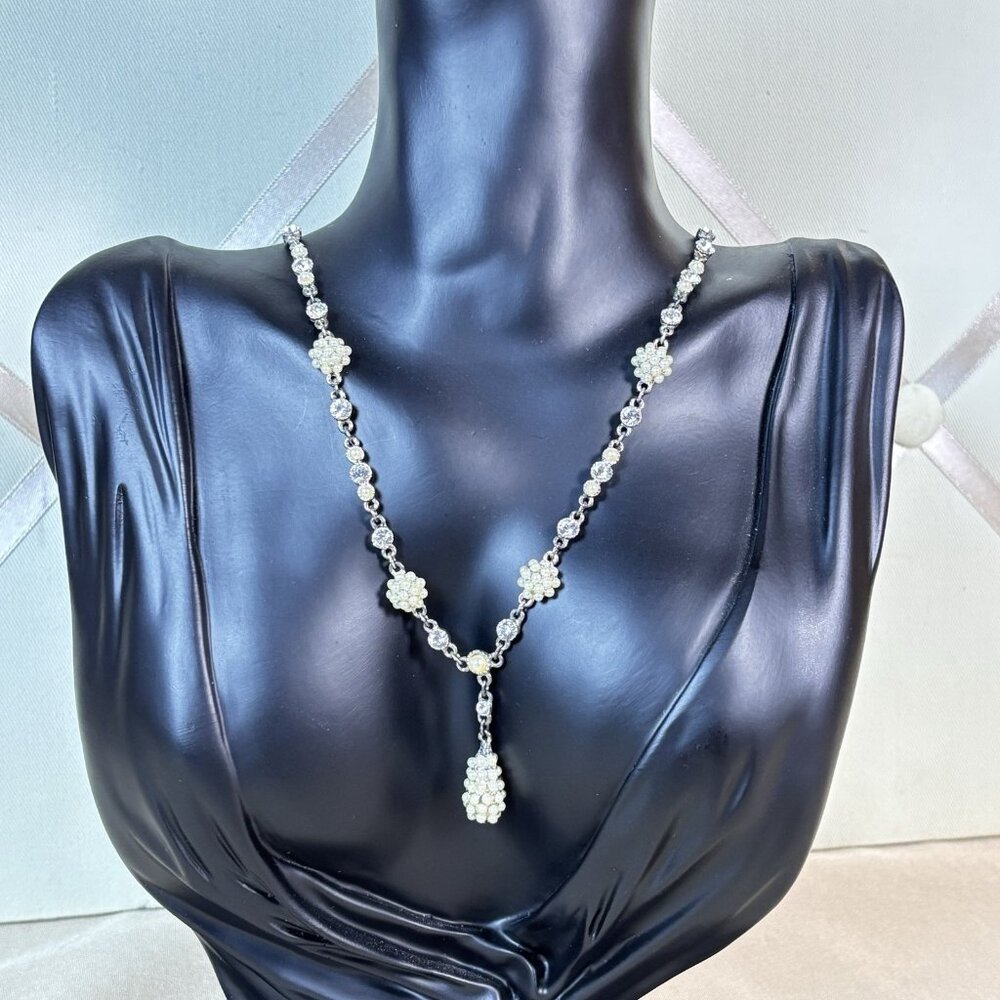 Jessica McClintock Necklace Silver Tone Crystal Pearl Bridal Signed A11
